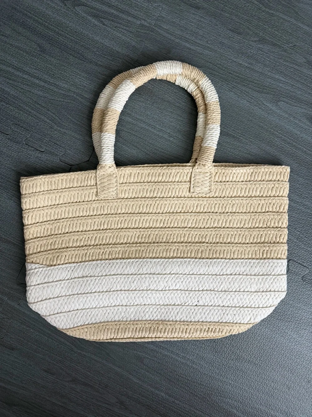 Woven Straw Tote Bag - Beige and White